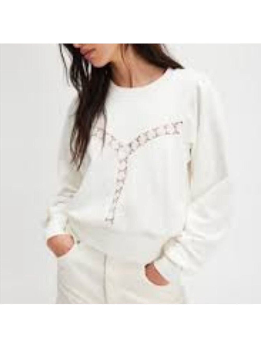 Free People Sweet Ivory Lace-Trim Sweatshirt NWT Med retail $128